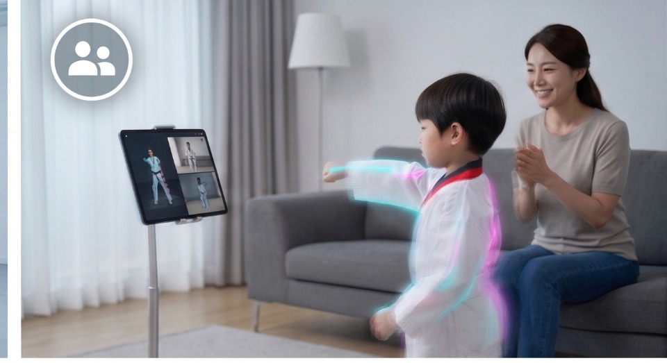 Parent and child practicing taekwondo together at home with a tablet